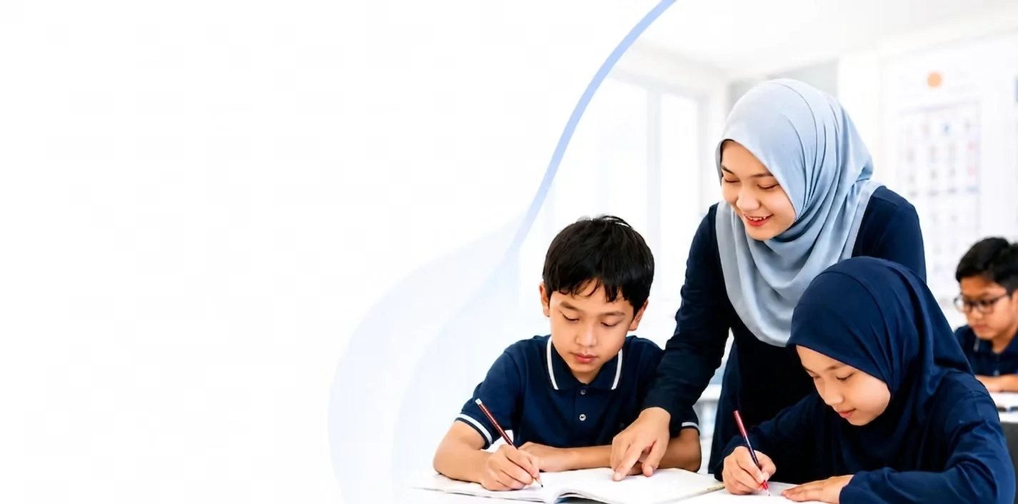 Guru membimbing pelajar membaca dan menulis
